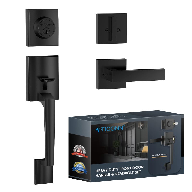 TICONN Front Door Handle Set  Heavy Duty Square Door Lever & Single Cylinder Deadbolt Combo Reversible for Entrance Exterior Doors (Matte Black) - Image 1